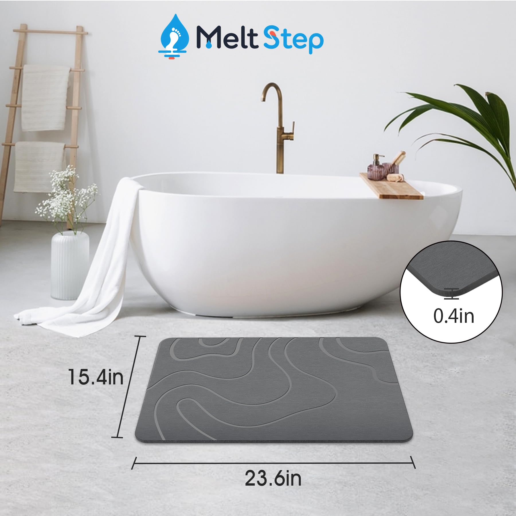 MeltStep Stone Bath Mat for Bathroom, Diatomaceous Earth Shower Mat, Quick Dry, Grey | Fast Drying, Super Absorbent, Natural Diatomaceous Earth, Non-Slip Design, Easy to Clean