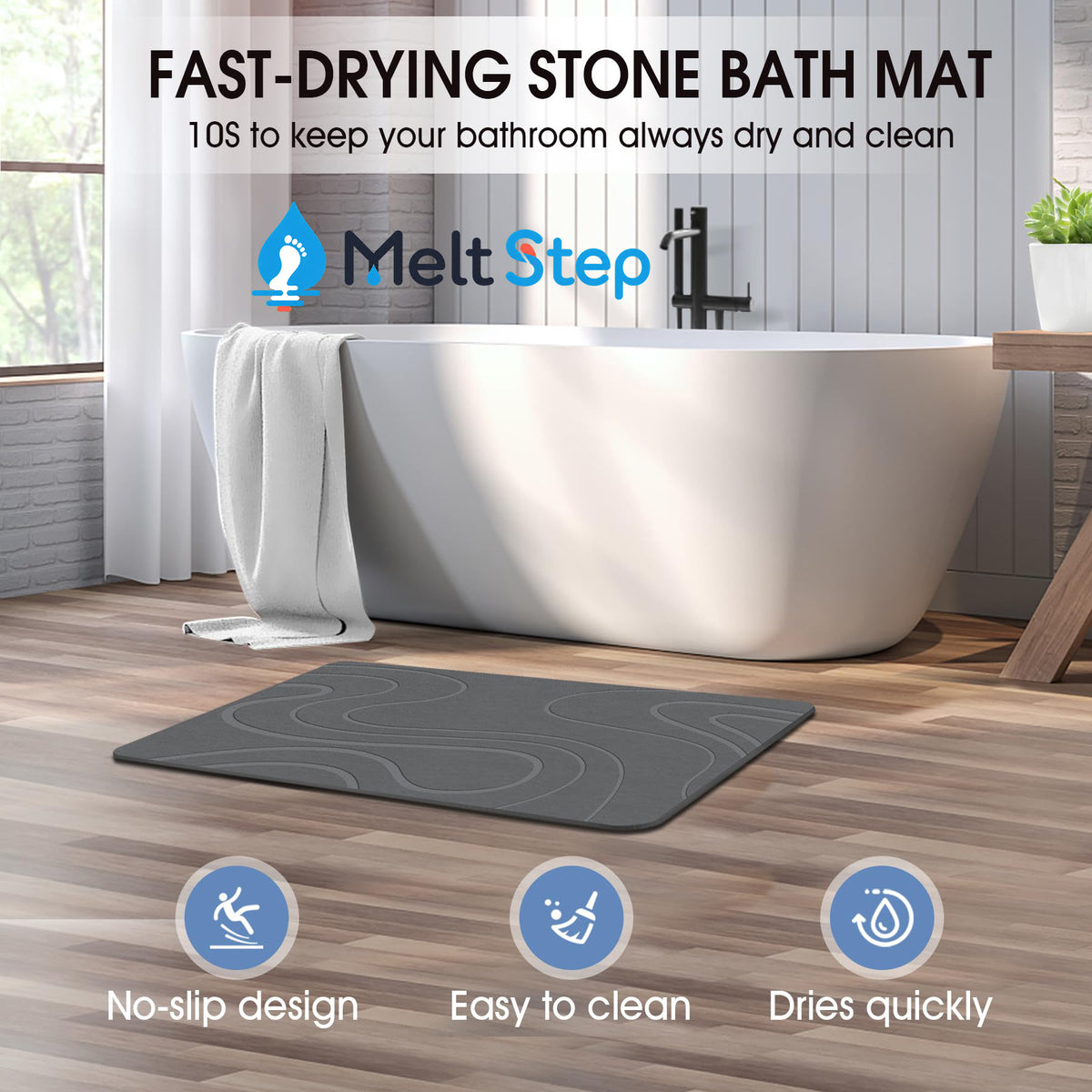 MeltStep Stone Bath Mat Diatomaceous Earth Shower Mat Non-Slip Super Absorbent Diatomite Stone Bath Mats for Bathroom Floor Quick Drying Natural Easy to Clean | Fast Drying, Super Absorbent, Non-Slip Design, Easy to Clean, Durable Diatomaceous Earth