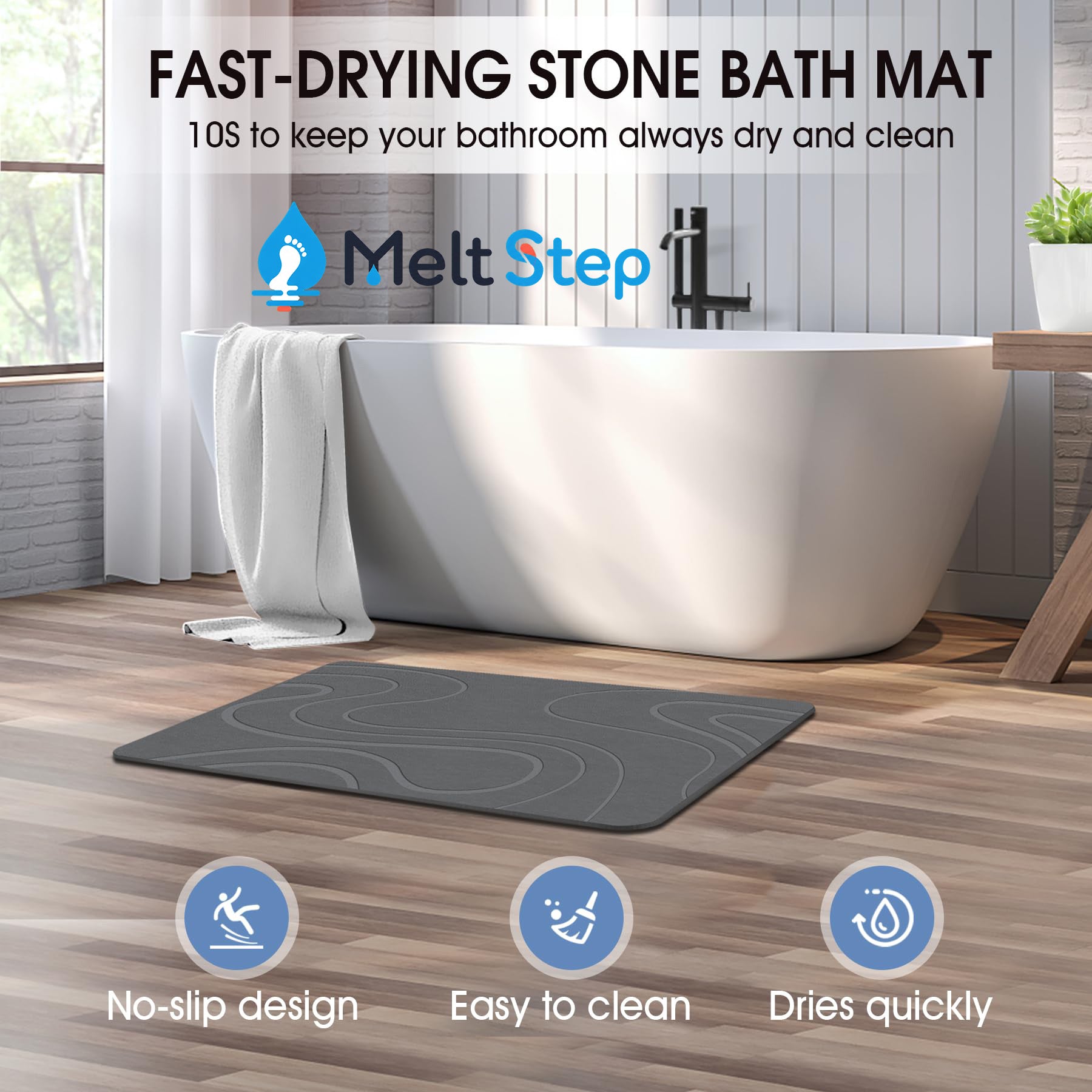 MeltStep Stone Bath Mat Diatomaceous Earth Shower Mat Non-Slip Super Absorbent Diatomite Stone Bath Mats for Bathroom Floor Quick Drying Natural Easy to Clean | Fast Drying, Super Absorbent, Non-Slip Design, Easy to Clean, Durable Diatomaceous Earth