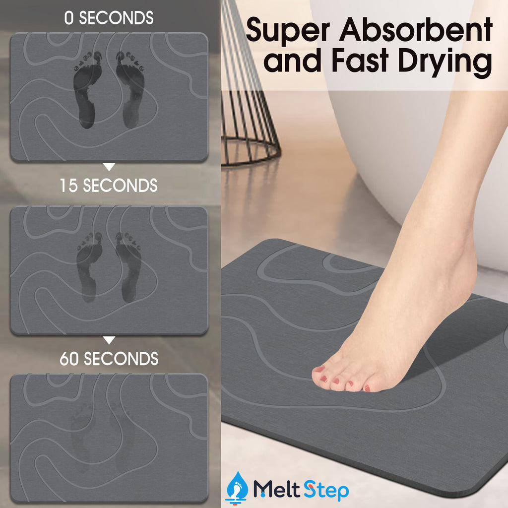 MeltStep Stone Bath Mat for Bathroom, Diatomaceous Earth Shower Mat, Quick Dry, Grey | Fast Drying, Super Absorbent, Natural Diatomaceous Earth, Non-Slip Design, Easy to Clean