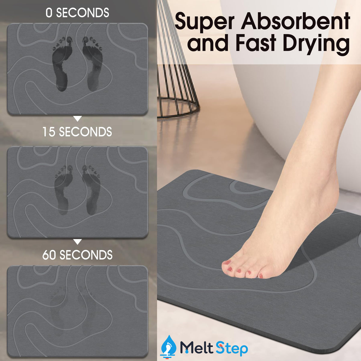 MeltStep Stone Bath Mat for Bathroom, Diatomaceous Earth Shower Mat, Quick Dry, Grey | Fast Drying, Super Absorbent, Natural Diatomaceous Earth, Non-Slip Design, Easy to Clean
