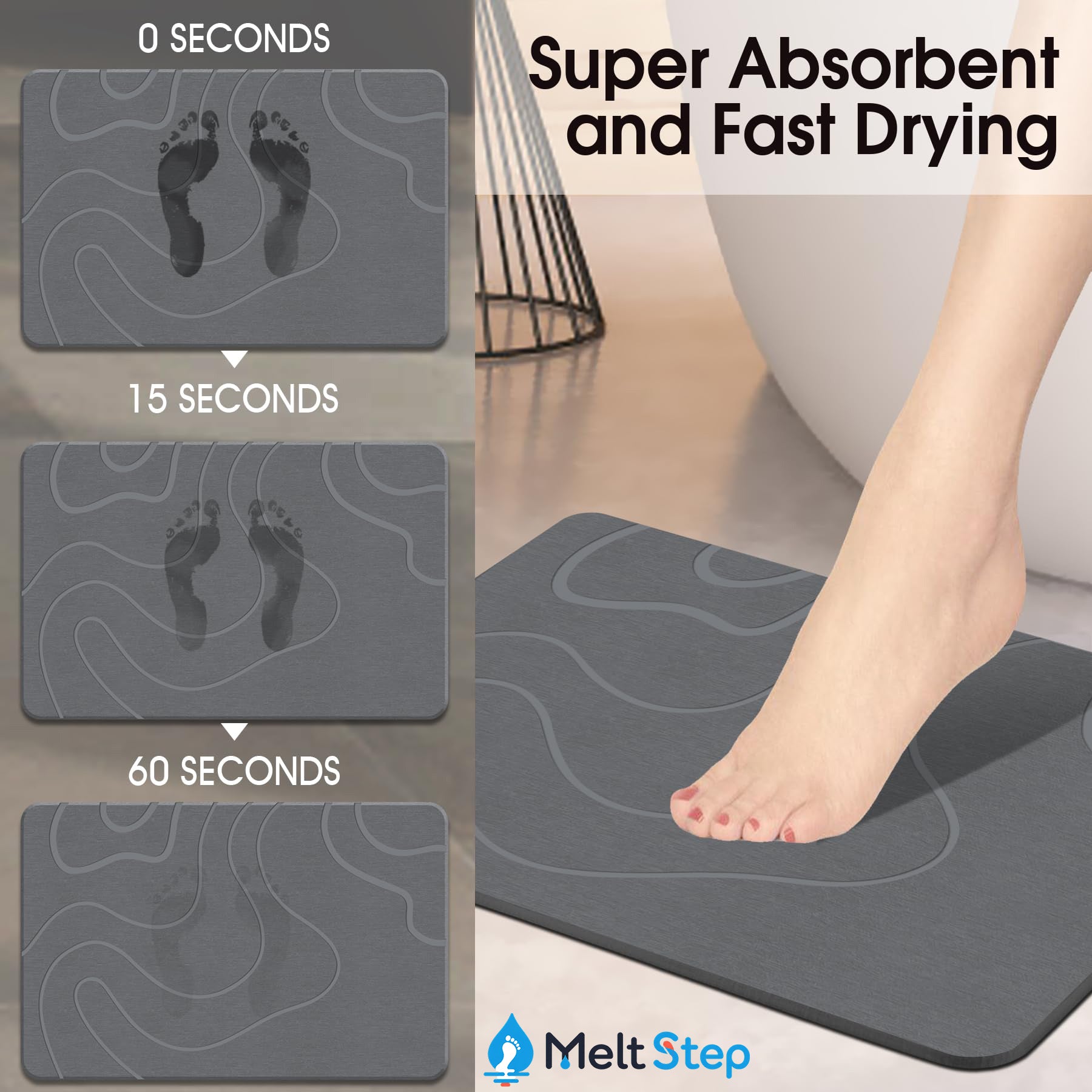 MeltStep Stone Bath Mat for Bathroom, Diatomaceous Earth Shower Mat, Quick Dry, Grey | Fast Drying, Super Absorbent, Natural Diatomaceous Earth, Non-Slip Design, Easy to Clean