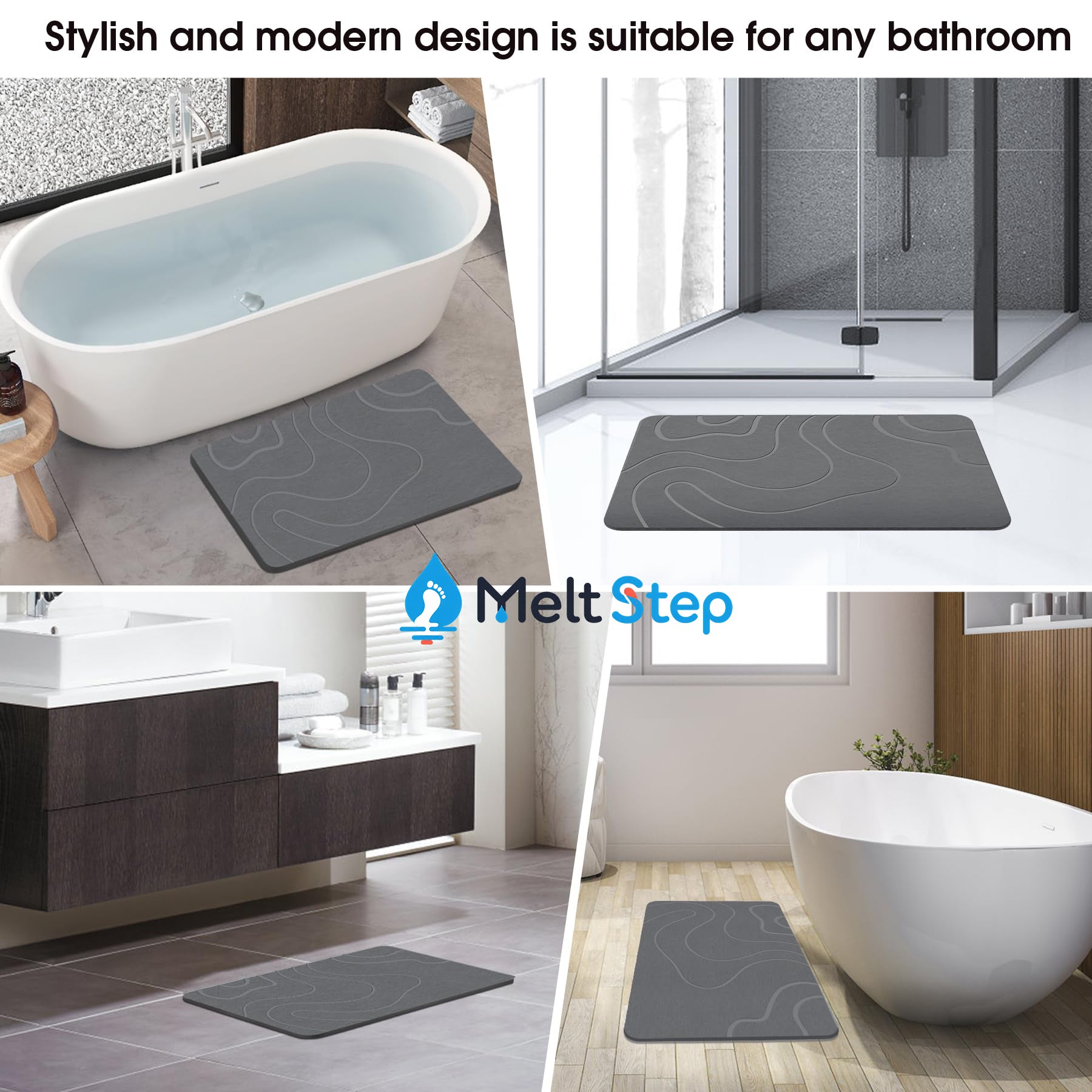 MeltStep Stone Bath Mat for Bathroom, Diatomaceous Earth Shower Mat, Quick Dry, Grey | Fast Drying, Super Absorbent, Natural Diatomaceous Earth, Non-Slip Design, Easy to Clean
