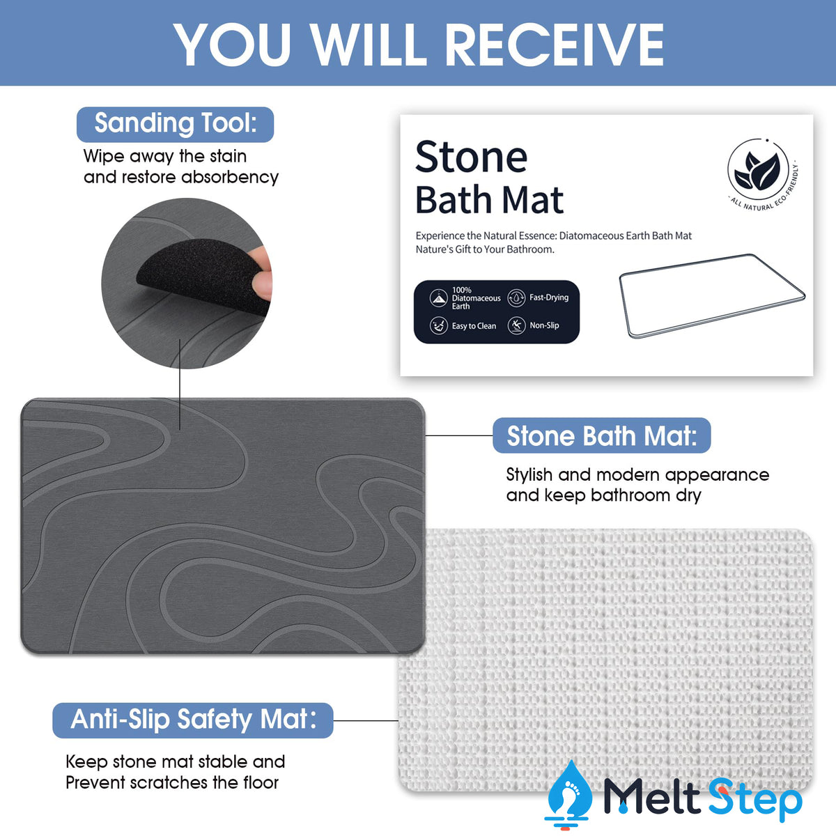 MeltStep Stone Bath Mat Diatomaceous Earth Shower Mat Non-Slip Super Absorbent Diatomite Stone Bath Mats for Bathroom Floor Quick Drying Natural Easy to Clean | Fast Drying, Super Absorbent, Non-Slip Design, Easy to Clean, Durable Diatomaceous Earth