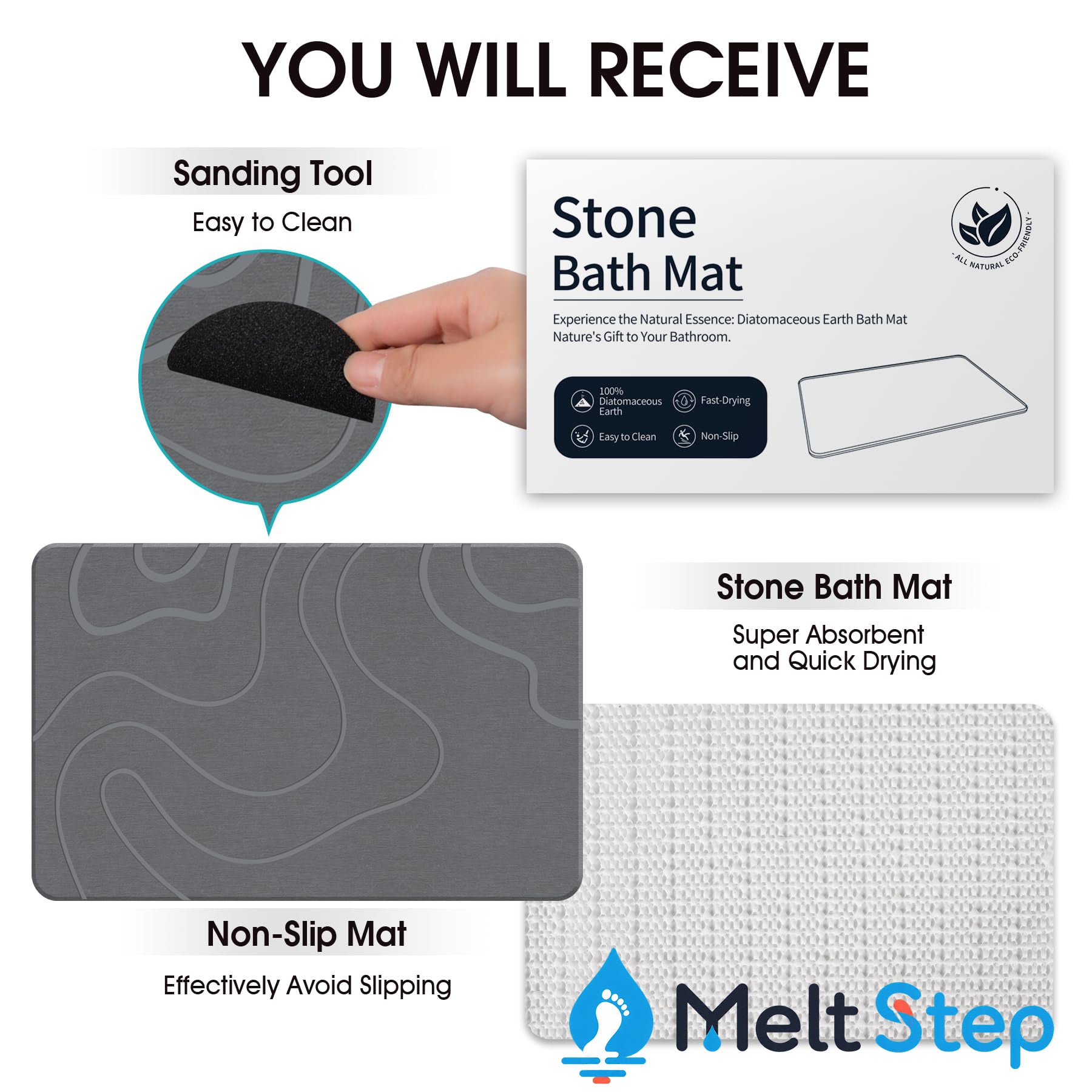 MeltStep Stone Bath Mat for Bathroom, Diatomaceous Earth Shower Mat, Quick Dry, Grey | Fast Drying, Super Absorbent, Natural Diatomaceous Earth, Non-Slip Design, Easy to Clean